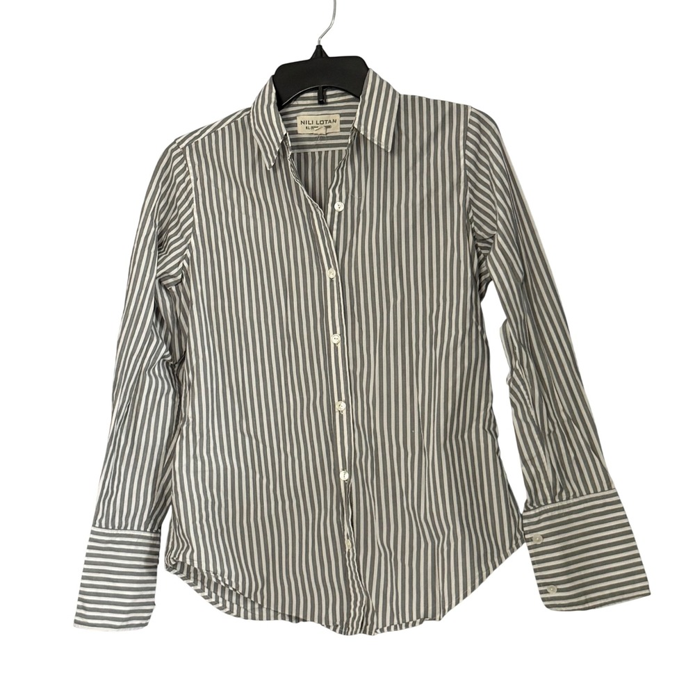 Nili Lotan Striped Button Down‎ Shirt Grey White Cotton Long Sleeve - XSmall